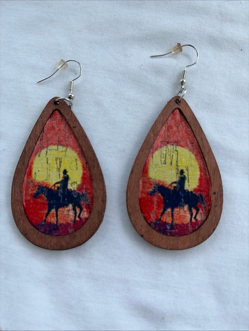 Handcrafted Teardrop Cowboy Silhouette Earrings - Red & Yellow